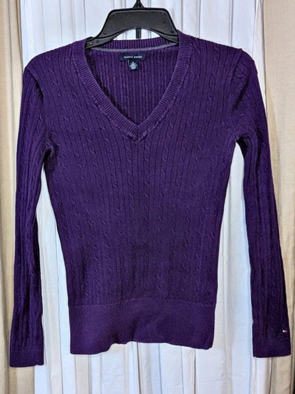 Tommy Hilfiger Cable Knit V-Neck Sweater Purple Medium